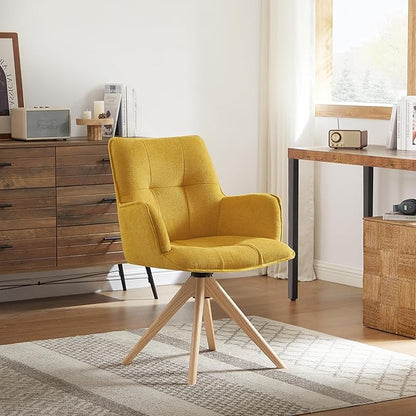 Art Leon Mid Century Modern Swivel Accent Chair - Home Office Desk Chair No Wheels, Fabric Upholstered Armchair with Oak Wood Legs for Small Space Living Room Bedroom, Yellow