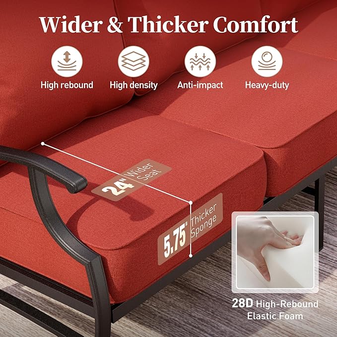 5 Piece Metal Outdoor Patio Furniture Sets, Patio Conversation Sets 1 3-seater Sofa, 2 Swivel Chairs, 2 Ottomans with 5.75" Thick Cushion, Black All-weather Backyard Furniture Set, Red