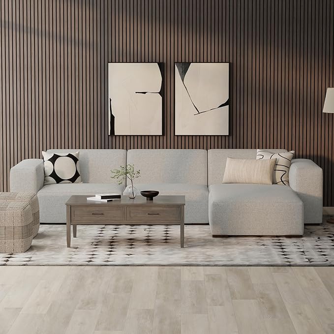 SIMPLIHOME Rex Right-Facing Modular Sectional Sofa in 100% Recycled Polyester Tightly Woven Performance Fabric, Pale Grey, 102-inches Wide, 4-Seater L-Shaped Couch with Right Chaise for Living Room