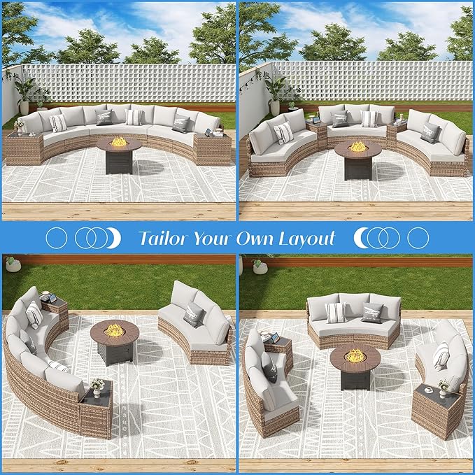 Patio Furniture Sets, 11 Piece Half-Moon Sectional Round Sofa Set, Outdoor Patio Furniture with Cushions & Wedge Table for Beach, Pool, Balcony, Beige