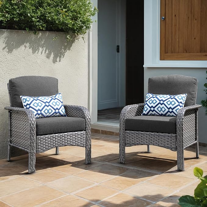 2 Pieces Wicker Patio Chairs - Outdoor Rattan Chairs Set of 2,All-Weather PE Wicker Dining Chair Set with High Back and Deep Seating for Deck Porch,Black