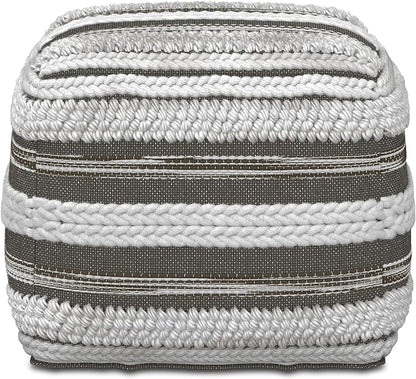 SIMPLIHOME Sommer Boho Square Pouf in Natural/Taupe Grey Handloom Woven Pattern for the Living Room, Bedroom and Kids Room