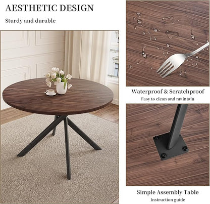 45.3'' Walnut Round Dining Table Set for 4, Mid Century Modern Small Coffee Set for Dining Room Kitchen Apartment (Dark Walnut Table + 4 Black Chairs)