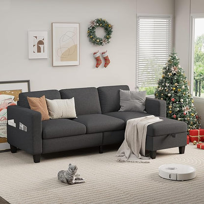 Sectional Sofa and Couches for Living Room, 78'' Dark Grey 3 Seat L-Shaped Couch with Movable Ottoman, Comfy Fabric Convertible Sectionals Sofas with Chaise for Apartment, Office, Small Space