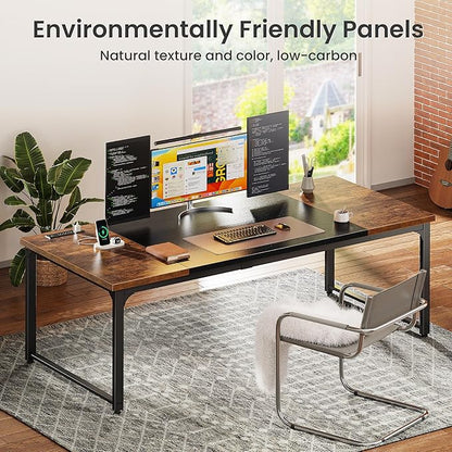 Huuger 71 x 31.5 Inch Desk with Power Outlets & USB-C, 1.2 Inch Thicker Desktop, Robust Metal Tubes, Deep Computer Desk, Heavy Duty Office Desk, Work Desk, Rustic Brown and Black