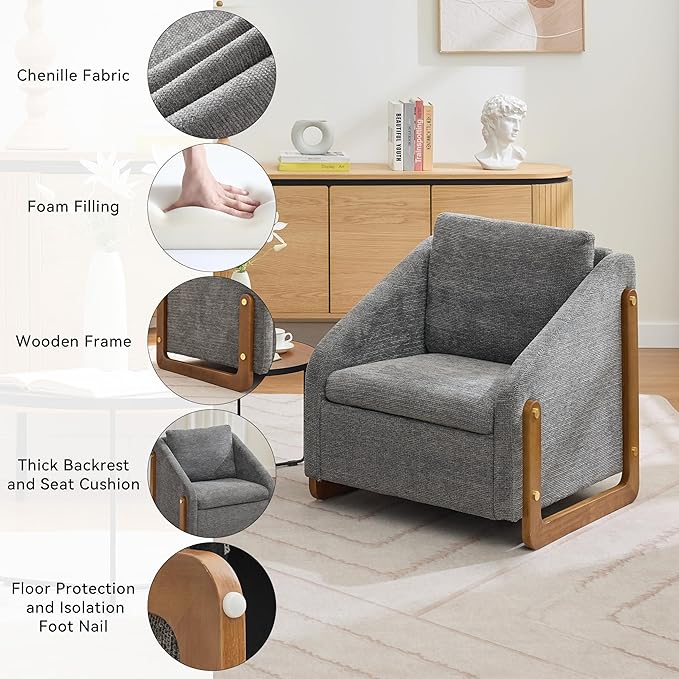 Modern Upholstered Armchair with Wooden Frame, 29" W x 29" D x 29" H, Light Gray Chenille Fabric, Living Room Accent Chair (Grey)