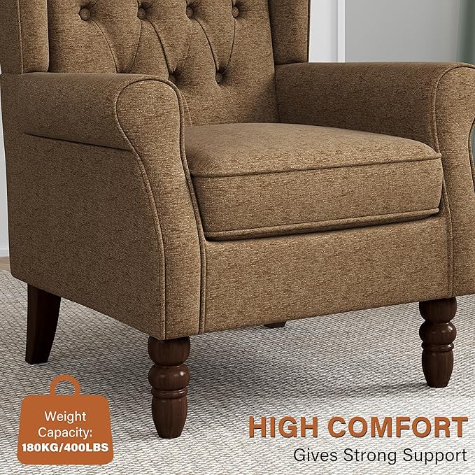 High Back Accent Chair, High Wingback Chair for Living Room, Button-Tufted Upholstered Fabric Armchair with Solid Wood Legs, Comfy Single Sofa Reading Chair for Bedroom, Brown