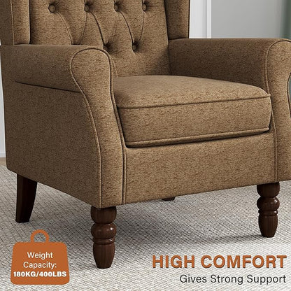 High Back Accent Chair, High Wingback Chair for Living Room, Button-Tufted Upholstered Fabric Armchair with Solid Wood Legs, Comfy Single Sofa Reading Chair for Bedroom, Brown