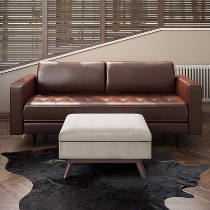 SIMPLIHOME Owen 34 inch Wide Mid Century Modern Rectangle Coffee Table Storage Ottoman in Natural Linen Look Fabric, Assembled, for the Living Room, Entryway and Family Room