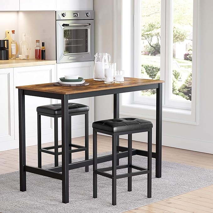VASAGLE Bar Stools, Set of 2 PU Upholstered Breakfast Stool, 15.7 x 11.8 x 24.4 Inches, Backless, Simple Assembly, Industrial, Dining Room Kitchen Counter Bar, Black Seat and Black Frame ULBC068B81