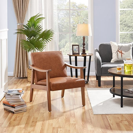 Yaheetech PU Leather Accent Chair, Mid-Century Modern Armchair with Solid Wood Legs, Reading Leisure Chair for Living Room Bedroom Waiting Room, Light Brown, Set of 2