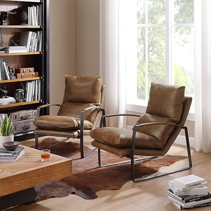 Art Leon Genuine Leather Accent Chair, Mid Century Modern Living Room Chair Lounge Chair with Black Metal Frame, Brown