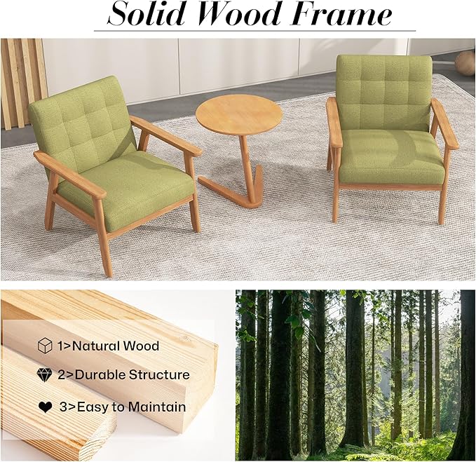 KCC Mid-Century Modern Linen Fabric Accent Chair, Upholstered Leisure Chair Comfy Reading Side Chair with Armrest and Solid Wood Frame for Living Room Bedroom Balcony(Green)