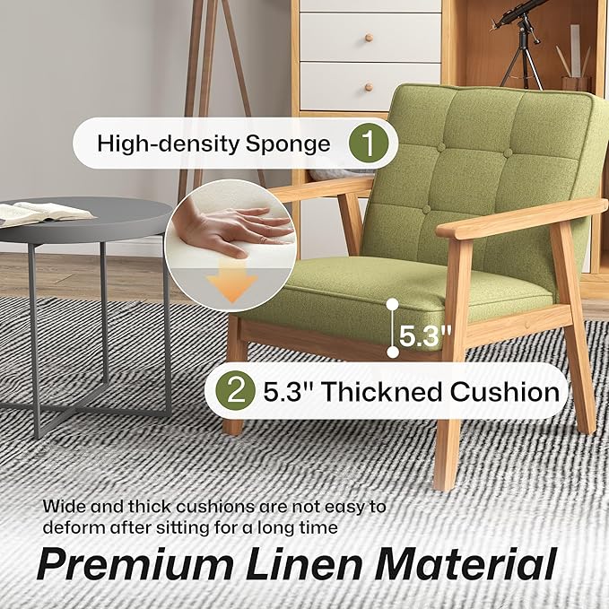 Modern Accent Chair with Arm Rest, Upholstered Linen Fabric Leisure Chair Comfy Side Chair with Backrest Button and Wooden Frame for Living Room Bedroom Reading(Green)