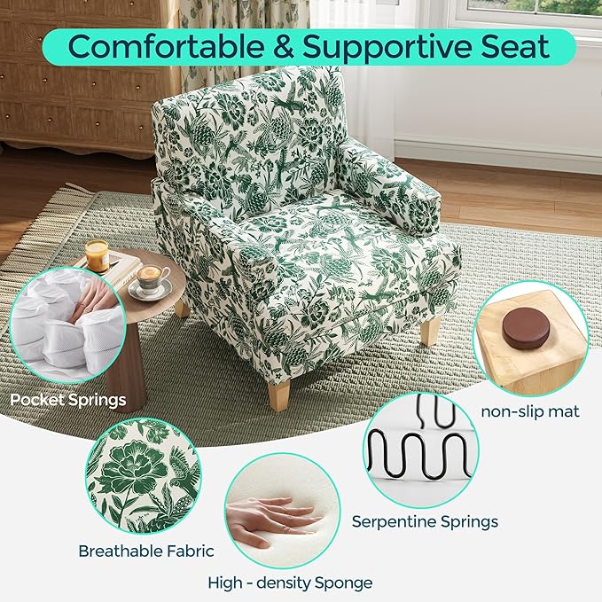 LINSY Floral Accent Chair, Large Armchair with Rubberwood Legs, Mid Century Upholstered Reading Chair, Comfy Oversized Single Sofa Chair for Living Room Bedroom Office Study, Floral Green