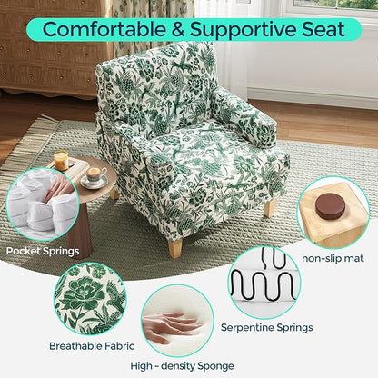 LINSY Floral Accent Chair, Large Armchair with Rubberwood Legs, Mid Century Upholstered Reading Chair, Comfy Oversized Single Sofa Chair for Living Room Bedroom Office Study, Floral Green