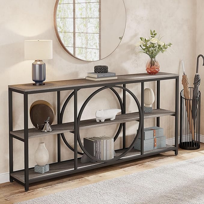 Tribesigns 70.9 inch Sofa Console Table, Extra Long Narrow Entryway Tables with 3 Tier Wood Storage Shelves Metal Frame for Foyer Hallway Living Room Behind Couch, Black Rustic Gray