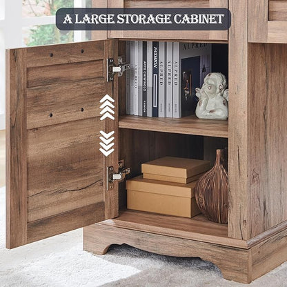 RedLemon 60" Farmhouse L Shaped Executive Desk with Drawers, Wood Home Office Corner Desk with Charging Station, File Drawer, Storage Cabinet, Rustic Computer Writing Desk (Natural Oak)