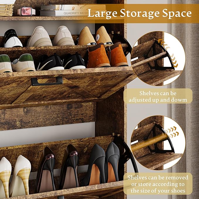 Shoe Storage Cabinet with 2 Flip Drawers, Narrow Wood Shoe Cabinet Storage for Entryway with Metal Legs & Hooks, Adjustable Shelves, Freestanding Shoe Rack Organizer for Foyer, Hallway, Brown