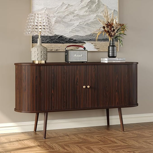 Furniouse 54.4''W Buffet Cabinet with Storage Fluted Sideboard Cabinet with Doors & 4 Shelf Storage for Living Room, Hallway, Kitchen, Mahogany