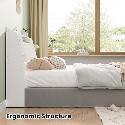 Queen/Full Headboard Queen Size with Storage, Wood Bookcase Headboard with Charging Station & 2 LED Lights, Modern Headboard Only for Queen Size Bed, Noise-Free, Sturdy and Durable, White