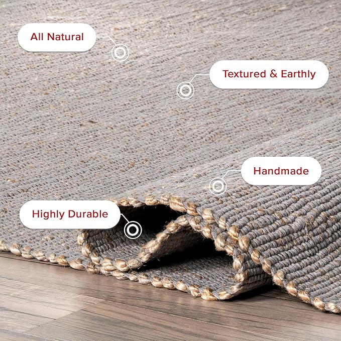 nuLOOM 6x9 Elfriede Jute & Cotton Hand Woven Area Rug, Grey, Solid Rustic Farmhouse Style, Weaved Design, Natural Fiber, For Bedroom, Living Room, Dining Room, Hallway, Office, Entryway