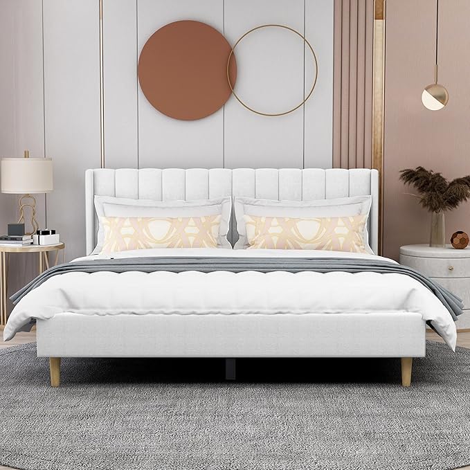 AGARTT Upholstered Platform Bed Frame King Size with Headboard and Footboard/Wooden Slats Support/No Box Spring Needed/Easy Assembly,White Linen