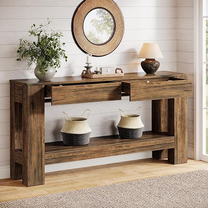 Tribesigns 63-Inch Console Table with 2 Drawers, 2-Tier Wooden Sofa Table Behind Couch, Farmhouse Entryway Console with Storage Shelf for Living Room, Entrance, Hallway (Dark Brown)