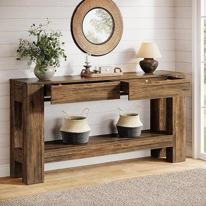 Tribesigns 63-Inch Console Table with 2 Drawers, 2-Tier Wooden Sofa Table Behind Couch, Farmhouse Entryway Console with Storage Shelf for Living Room, Entrance, Hallway (Dark Brown)