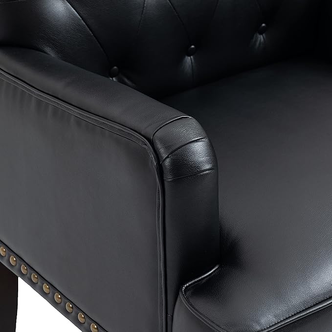 Pia Ricco PU Leather Accent Chairs 2 Pack - Modern Armchairs with Wooden Legs, Office Living Room Bedroom Seating Set-Black