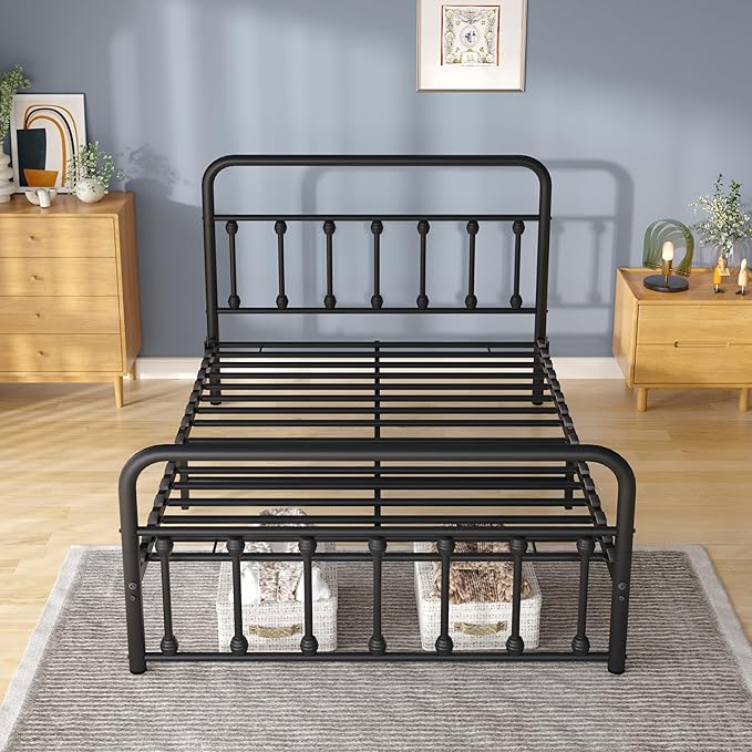 Metal Full Single Bed Frame with Storage Space, 74.8" in Steel Bed Frame with Protective Foot Pads, Strong Bearing Capacity Full Size Bed, Easy Assembly, Underbed Storage Space（43.3 inch）