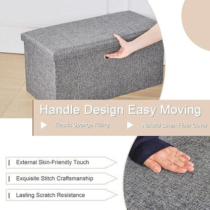 VECELO 30'' Folding Storage Ottoman Bench, End of Bed Linen Fabric Foot Rest Stool with Padded Seat, Large Footstools for Bedroom, Living Room, Load 500 lb, Grey