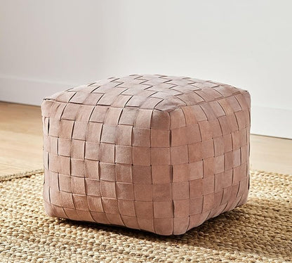 Luxury Handcrafted Suede Basketweave Pouf Ottoman – Soft & Durable Floor Cushion, Footrest, Accent Seating for Living Room, Bedroom, Office Stylish Modern Home Décor (Rosewood, 18" x 18" x 14")