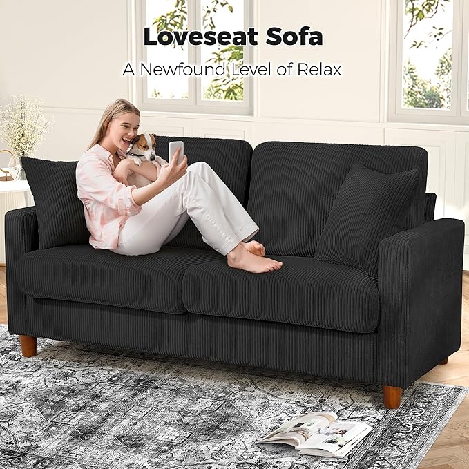 70in Corduroy Couch, Kidirect Sofa No Tool Assembly, Comfy Couches for Living Room 21in Deeper Seats, Corduroy Sofas for Living Room with 2 Pillows, Oversized Loveseat Sofa, Boho Love Seat Black Couch