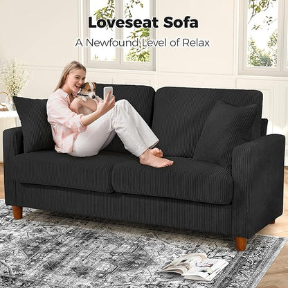 70in Corduroy Couch, Kidirect Sofa No Tool Assembly, Comfy Couches for Living Room 21in Deeper Seats, Corduroy Sofas for Living Room with 2 Pillows, Oversized Loveseat Sofa, Boho Love Seat Black Couch