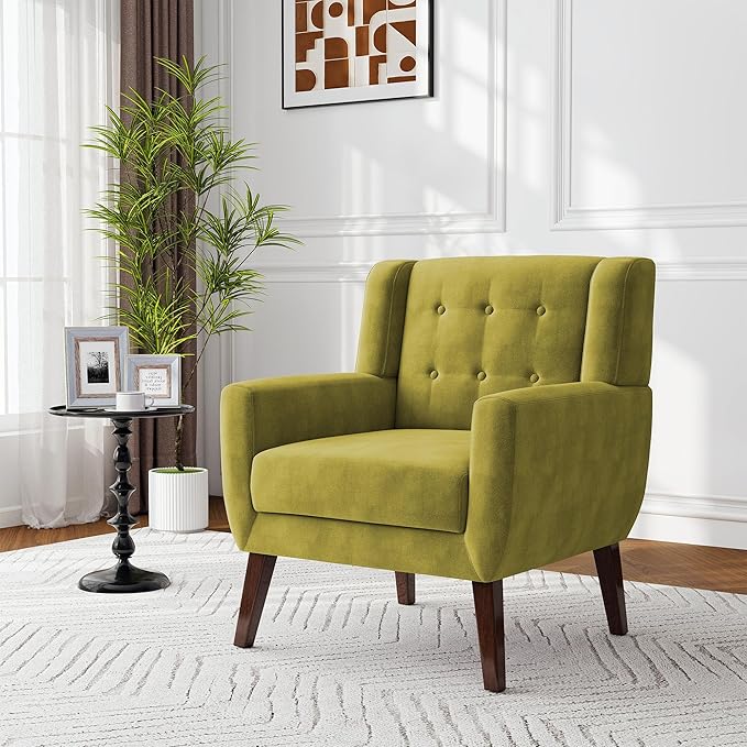 Lumibee Accent Chair, Modern Velevet Armchair for Living Room, Comfy Upholstered Arm Chair Tufted for Indoor Bedroom Office Room (Green Velvet)