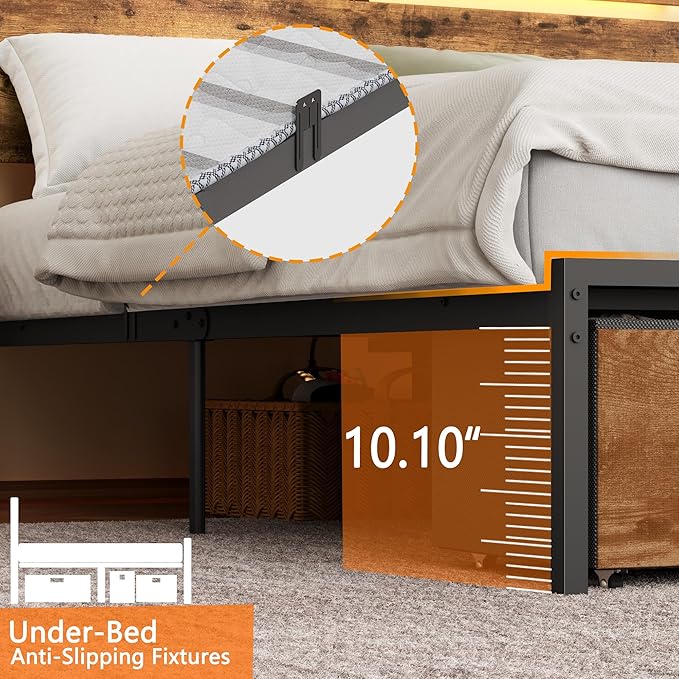 Forestell King Size Bed Frame with Wood Headboard, Metal Platform Bed with 3 Storage Drawers & Shelf, Built-in Charging Station & LED Lights, No Box Spring Needed, Vintage Brown, Camas King