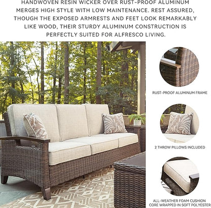 Signature Design by Ashley Paradise Trail Outdoor Patio Sofa with Cushion and 2 Throw Pillows, Cleanable Performance Fabric, Resin Wicker, Brown & Beige