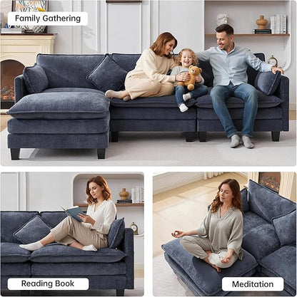 108" Modular Sectional Couches for Living Room with Ottoman, L Shaped Cloud Couch with Charger, USB & Type-c Port, Comfy 4 Seats Sofas with Deep Seat, Chenille Fabric, Blue