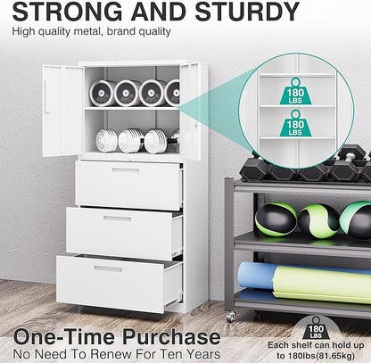 SISESOL 3 Drawer Lateral File Cabinet with Lock and Shelf,White Metal Filling Cabinet with Drawers and Shelf, Locking File Storage Cabinets with Doors and Shelves for Home,Office,Garage,School