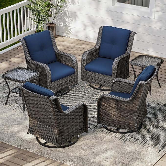 6 Pieces Outdoor Furniture Set - Patio Wicker Swivel Rocker Chair Set of 4 and 2 Side Table, Blue, Mixed Brown Rattan, Suitable for Porch, Yard