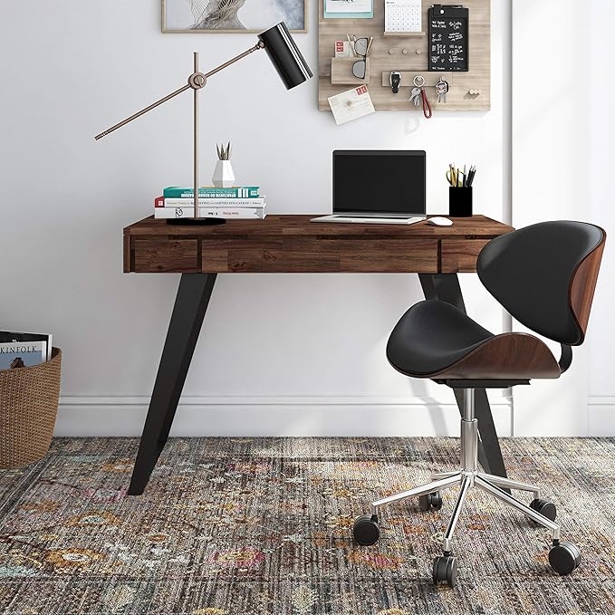 SIMPLIHOME Lowry Small Desk - 44-Inch Wide Solid Acacia Wood and Metal Writing Desk in Distressed Charcoal Brown, Modern Industrial Home Office Table with 2 Drawers and Flip-Down Keyboard Tray
