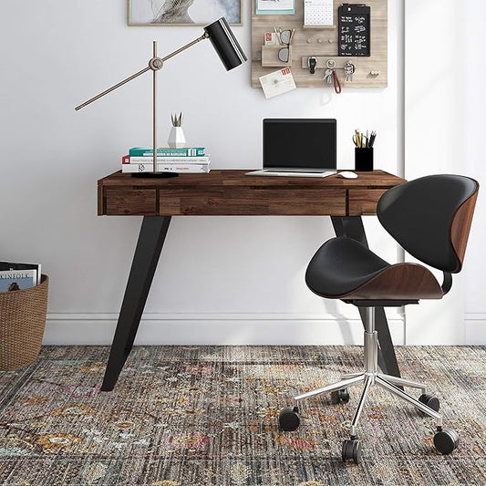 SIMPLIHOME Lowry Small Desk - 44-Inch Wide Solid Acacia Wood and Metal Writing Desk in Distressed Charcoal Brown, Modern Industrial Home Office Table with 2 Drawers and Flip-Down Keyboard Tray