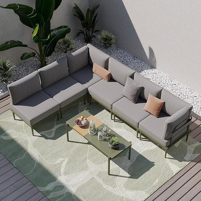 Sundale Outdoor 7 Pieces Metal Patio Furniture Set, Outdoor Sectional Sofa w/6 Inch Olefin Cushion and Coffee Table, Modern Outdoor Conversation Sets (6 Seats, Green Frame)