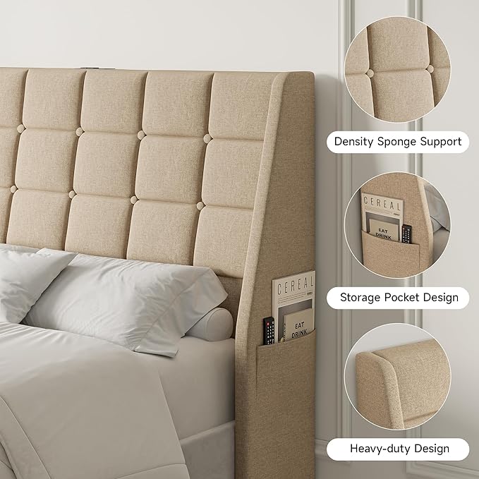 Queen Size Headboard with Charging Station, Ergonomic Upholstered Linen Headboards Only, Wingback Wood Bed Head Board with Storage Pocket, Bed Frame Adapters, Beige