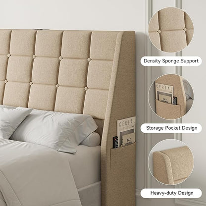 Queen Size Headboard with Charging Station, Ergonomic Upholstered Linen Headboards Only, Wingback Wood Bed Head Board with Storage Pocket, Bed Frame Adapters, Beige