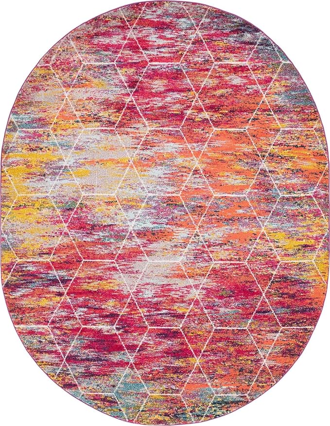 Unique Loom Trellis Frieze Collection Area Rug - Geometric (7' 10" x 10' Oval, Multi/ Ivory)
