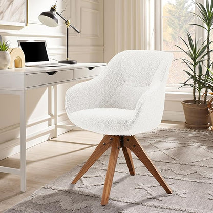 Zouron Mid Century Modern Accent Chair with Oak Wood Legs, Upholstered Swivel Chair No Wheels, Side Accent Armchair Vanity Chair for Small Space Home Office Living Room Bedroom, Ivory