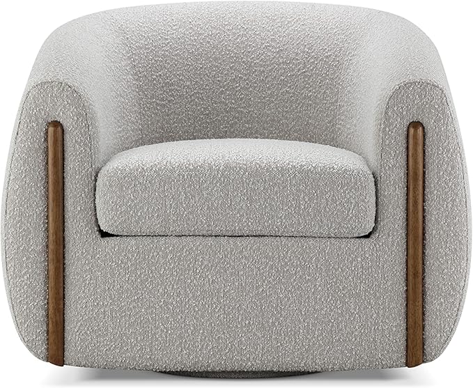 CHERS Aspen Swivel Accent Chair with Wood Accents, Bouclé Upholstered Armchair for Living Room, 360° Swivel Barrel Chair with High-Density Cozy Foam Cushioning, Modern Design, Light Gray