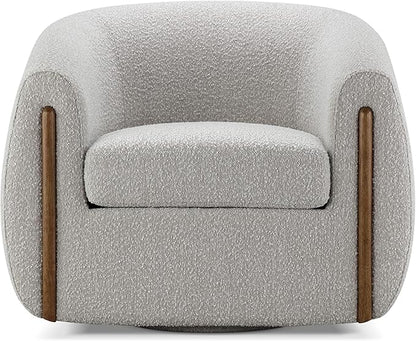 CHERS Aspen Swivel Accent Chair with Wood Accents, Bouclé Upholstered Armchair for Living Room, 360° Swivel Barrel Chair with High-Density Cozy Foam Cushioning, Modern Design, Light Gray